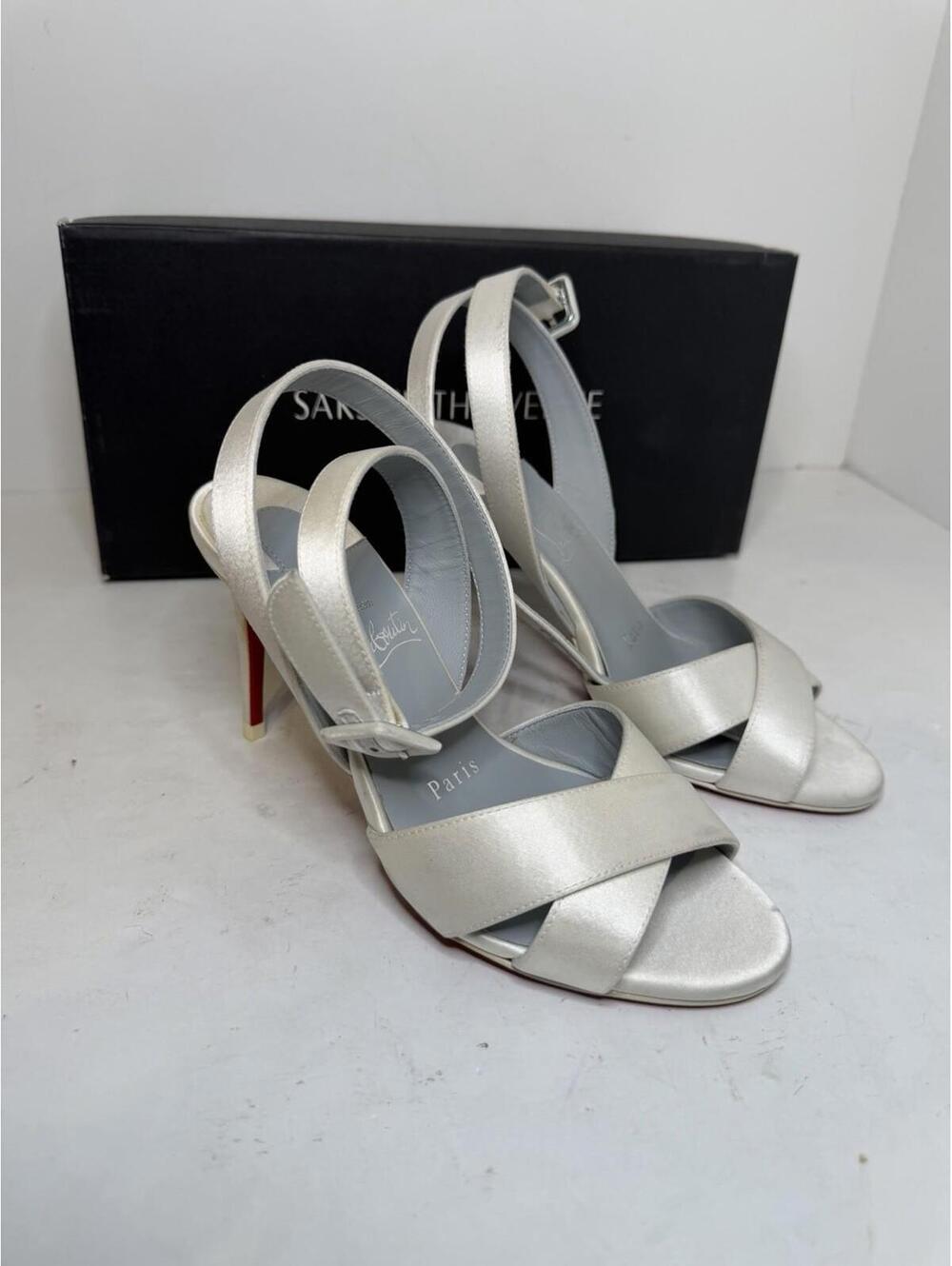 Christian Louboutin Silver Satin Ankle Strap Heels Sz 34 New No Box